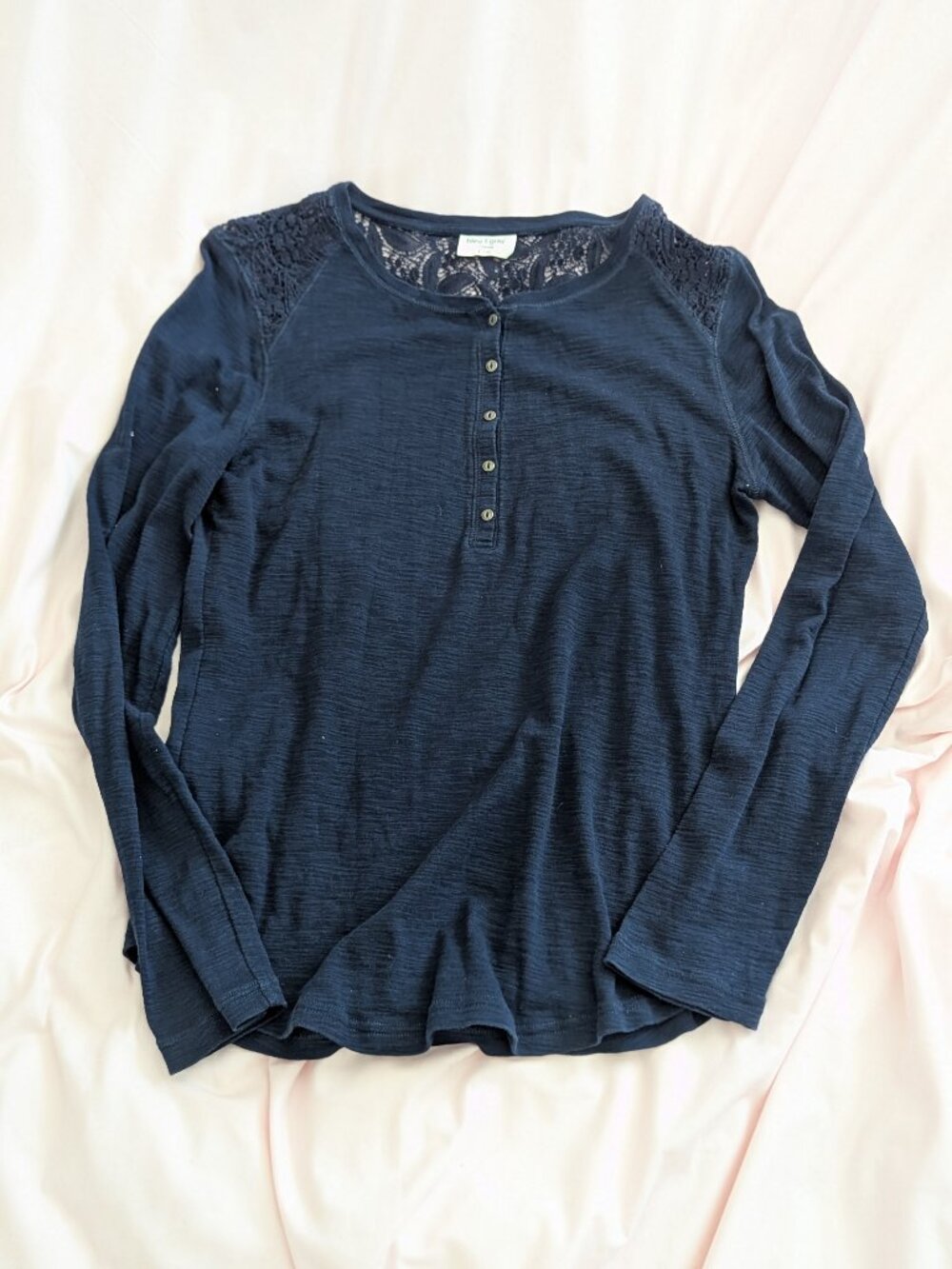 Bleu Gray Navy Blue Lace Shoulder Henley Long Sleeve Top Size L